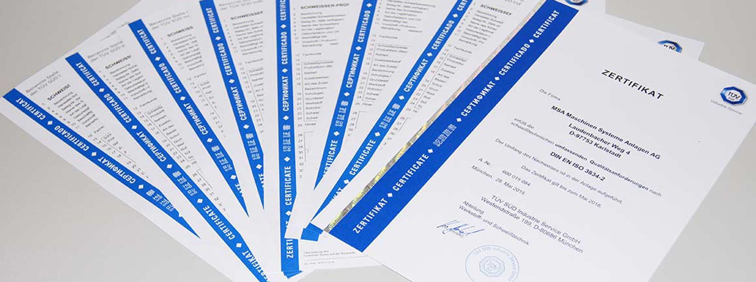 Zertifikate für MSA Maschinenbau